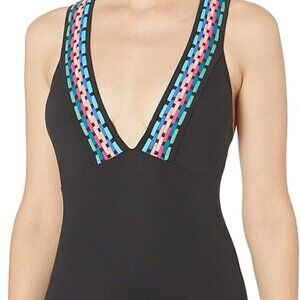 La Blanca| 1 Piece Plunge Plus Swimsuit | Black Macrame w/Colorful Details| 16W